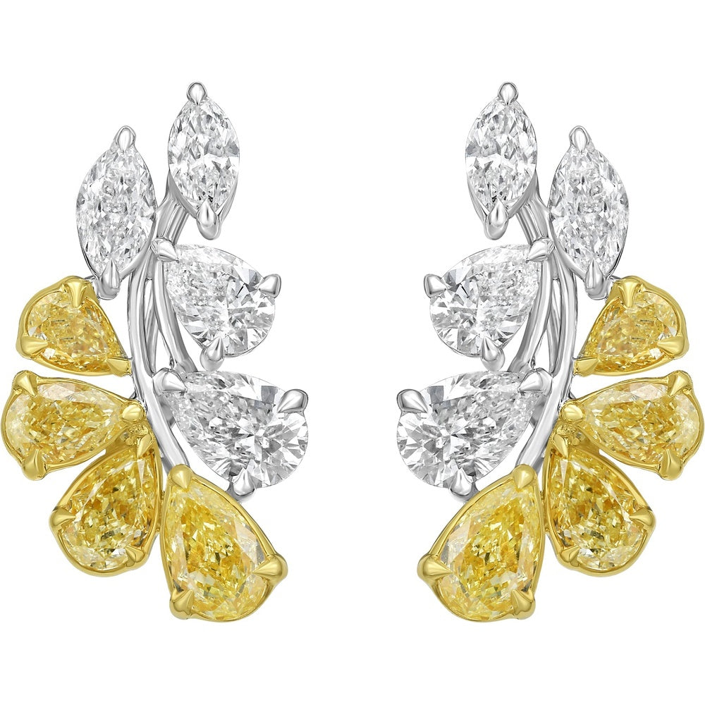 Ruchi New York - Celara Fancy Yellow & White Diamond Floral Stud Earrings in 18K Two-Tone Gold - Ruchi New York