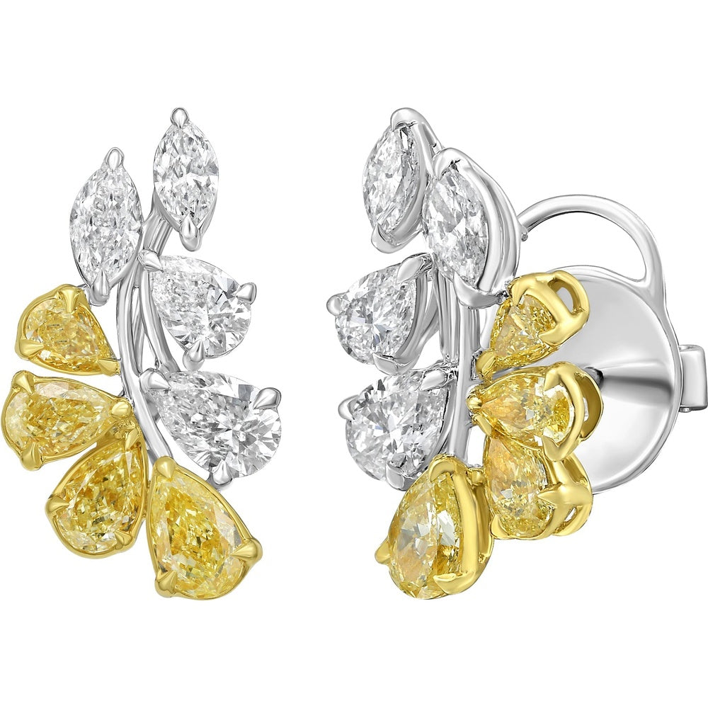 Ruchi New York - Celara Fancy Yellow & White Diamond Floral Stud Earrings in 18K Two-Tone Gold - Ruchi New York
