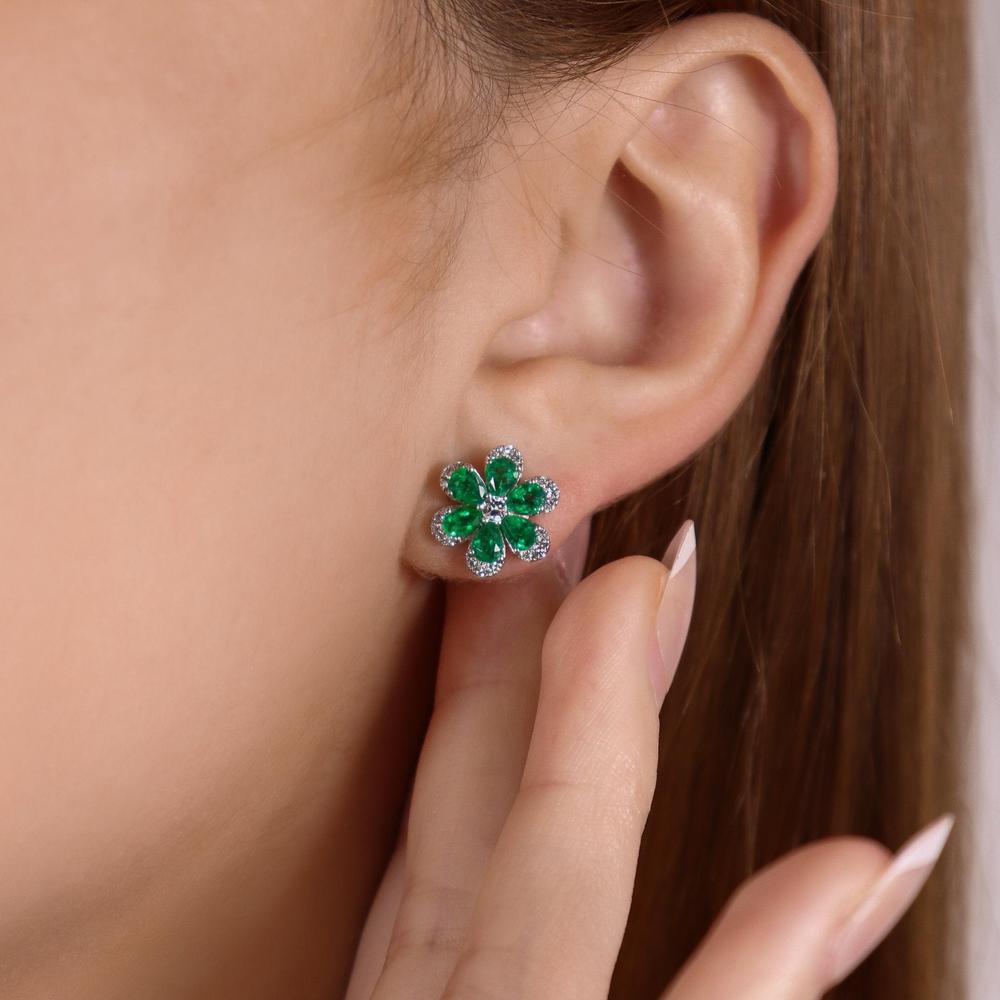 Ruchi New York - Daisy Emerald and Diamond Studs in 18K White Gold