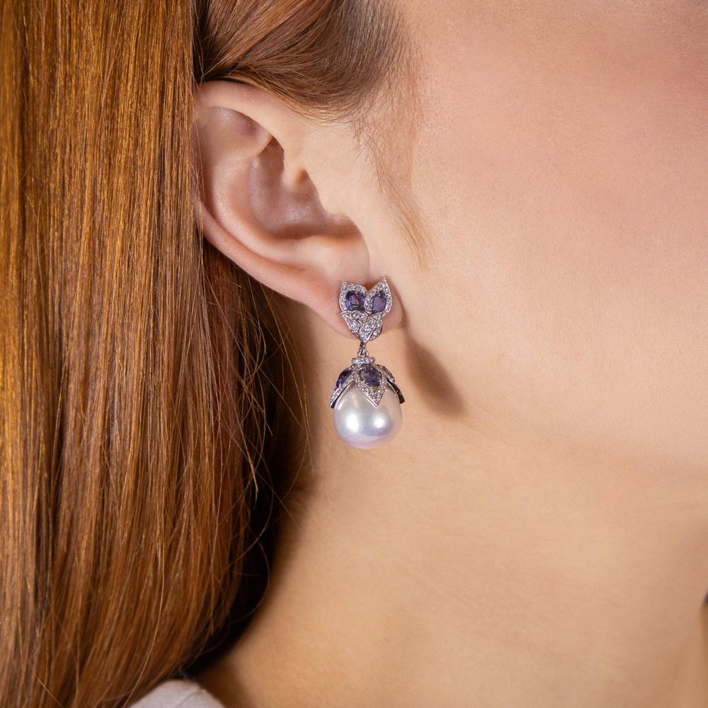 Ruchi New York - Lusine Grande Pearl and Blue Sapphire Earrings in 18K White Gold
