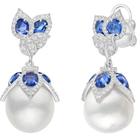 Ruchi New York - Lusine Grande Pearl and Blue Sapphire Earrings in 18K White Gold