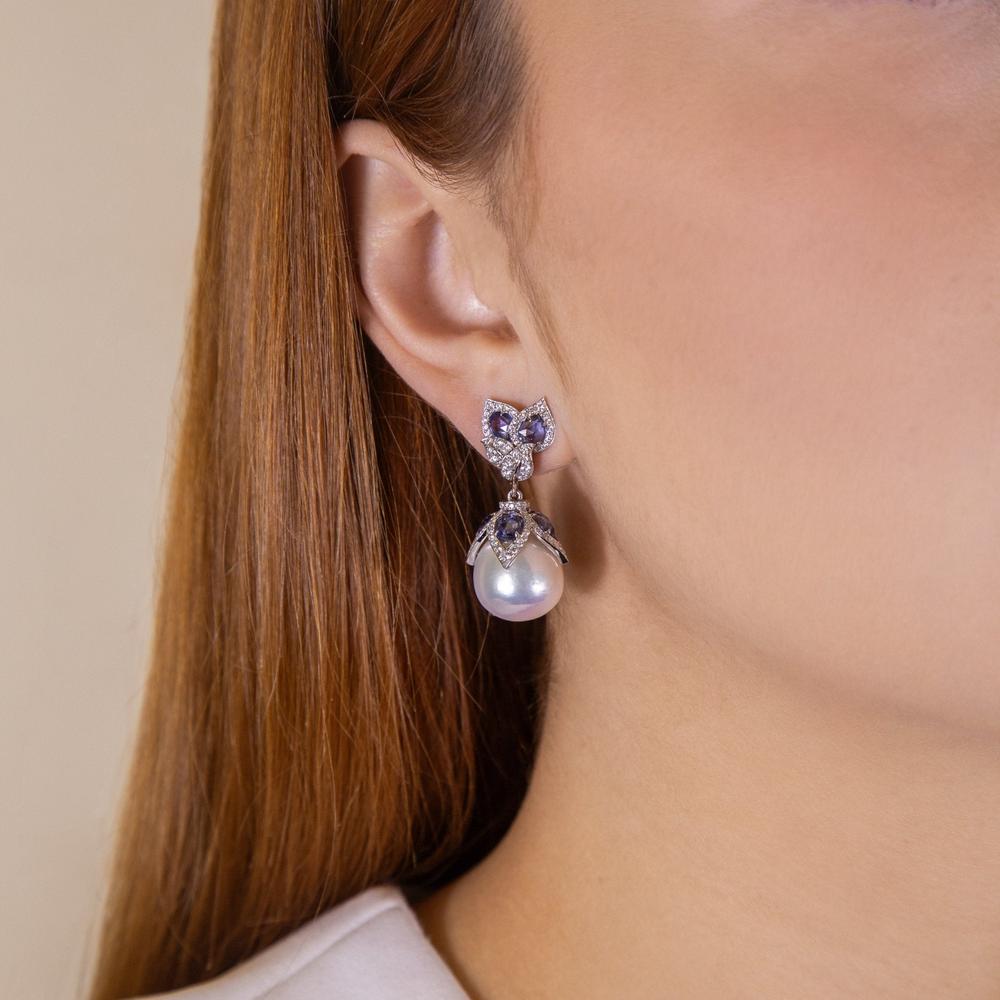 Ruchi New York - Lusine Grande Pearl and Blue Sapphire Earrings in 18K White Gold