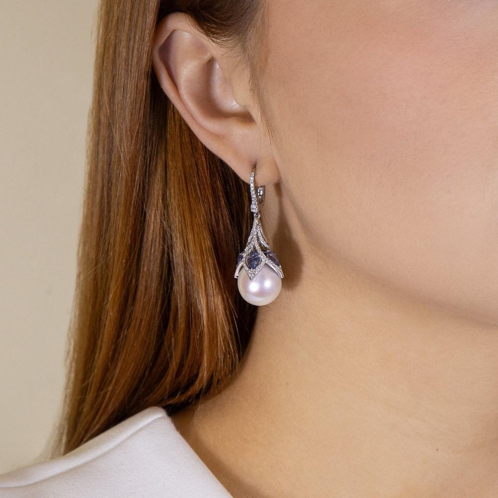 Ruchi New York - Lusine Pearl and Blue Sapphire Earrings in 18K White Gold