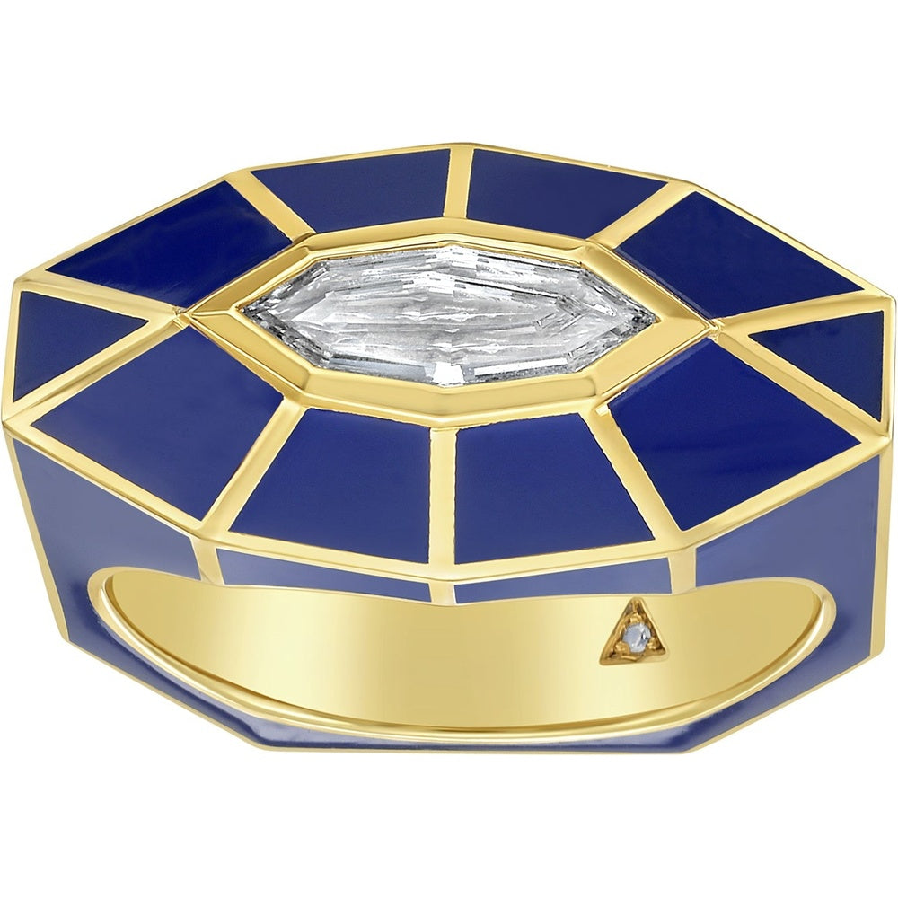 Ruchi New York - Luxor Bullet-Cut Diamond Solitaire Ring with Blue Enamel in 18K Yellow Gold - Ruchi New York