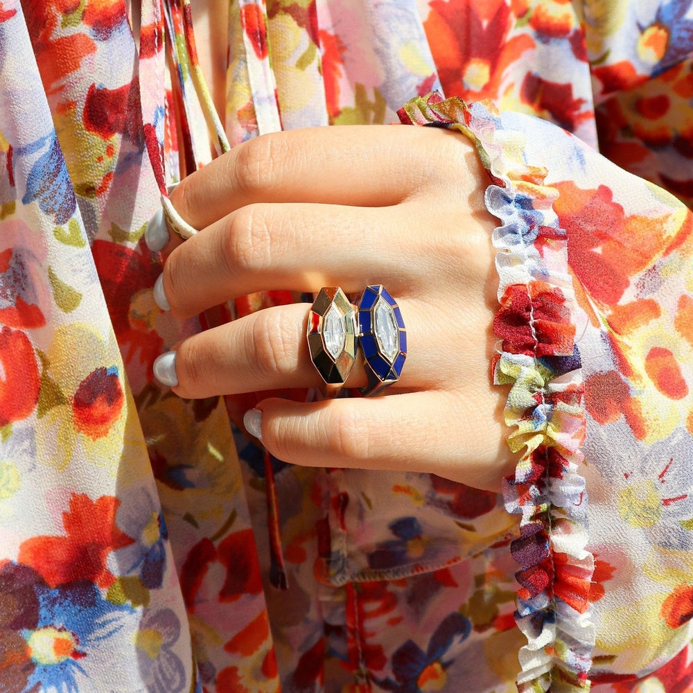 Ruchi New York - Luxor Bullet-Cut Diamond Solitaire Ring with Blue Enamel in 18K Yellow Gold - Ruchi New York