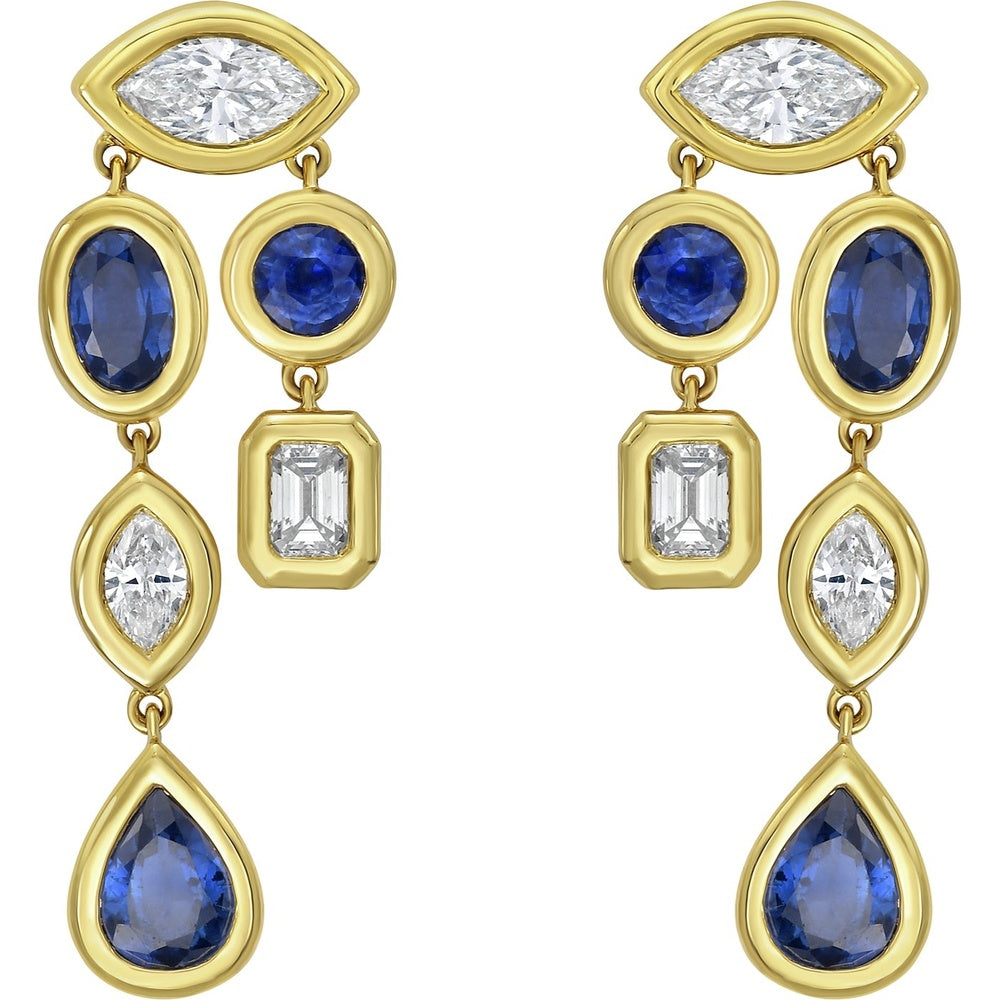 Ruchi New York - Lyre Blue Sapphire & Diamond Drop Earrings in 18K Yellow Gold - Ruchi New York
