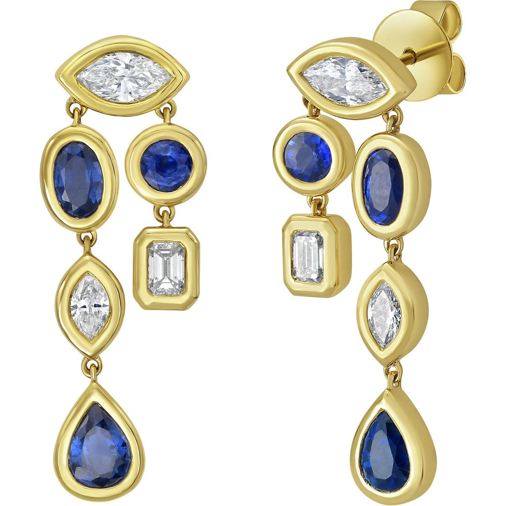 Ruchi New York - Lyre Blue Sapphire & Diamond Drop Earrings in 18K Yellow Gold - Ruchi New York