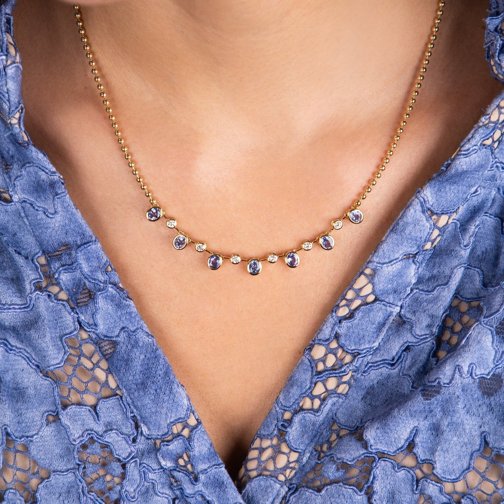 Ruchi New York - Mia Blue Sapphire & Diamond Bezel Station Necklace in 18K Yellow Gold - Ruchi New York