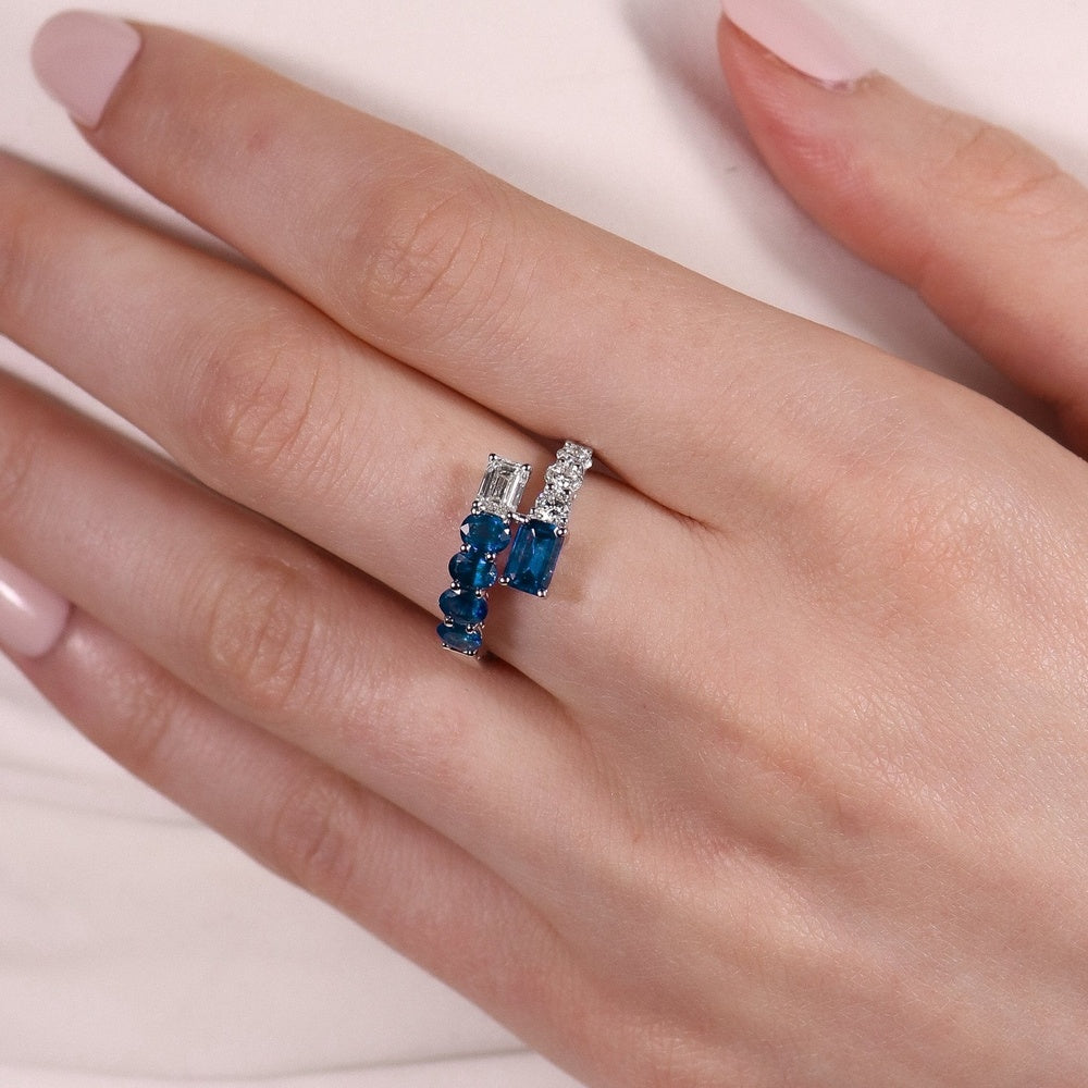 Ruchi New York - Myrtos Blue Sapphire & Diamond Asymmetrical Ring in 18K White Gold - Ruchi New York