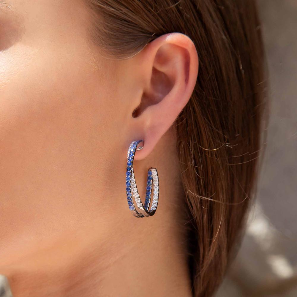 Ruchi New York - Myrtos Blue Sapphire Hoop Earrings in 18K White Gold