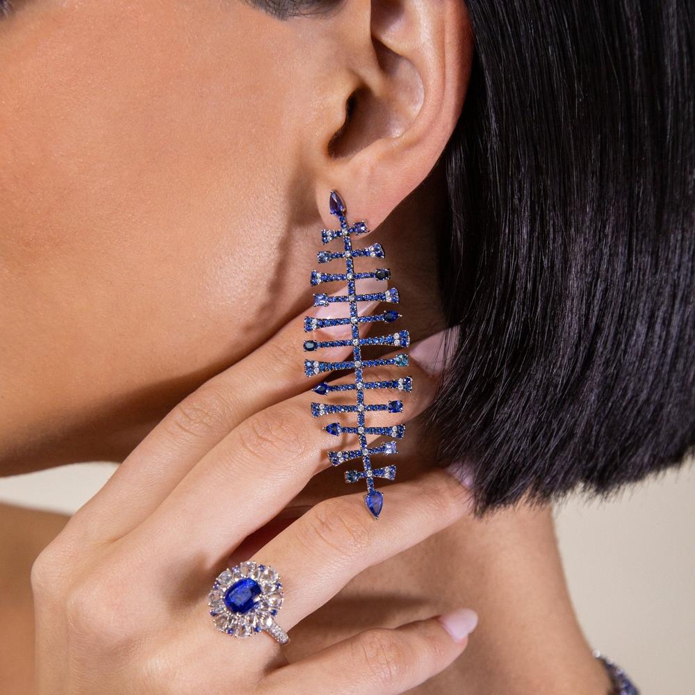 Ruchi New York - Nereid Blue Sapphire Chandelier Earrings in 18K Black Rhodium White Gold