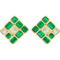 Ruchi New York - Olana Emerald & Diamond Cluster Stud Earrings in 18K Yellow Gold - Ruchi New York
