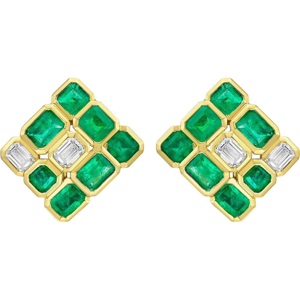 Ruchi New York - Olana Emerald & Diamond Cluster Stud Earrings in 18K Yellow Gold - Ruchi New York