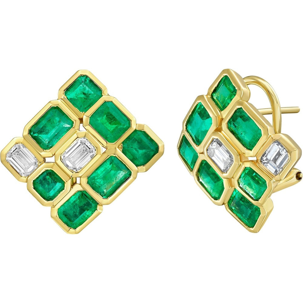 Ruchi New York - Olana Emerald & Diamond Cluster Stud Earrings in 18K Yellow Gold - Ruchi New York