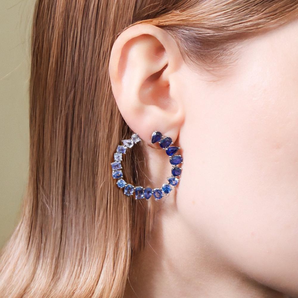 Ruchi New York - Ophelia Blue Sapphire C-Shape Hoops in 18K White Gold
