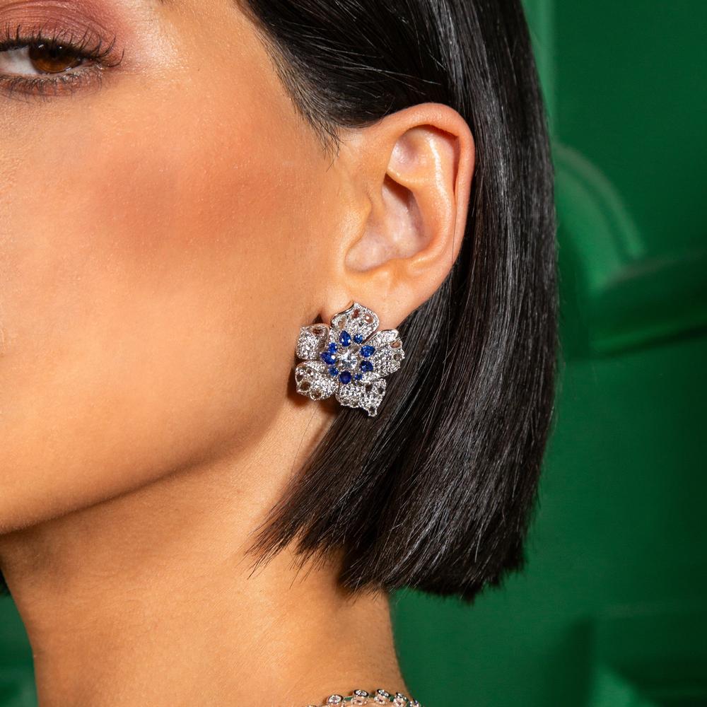 Ruchi New York - Orchidia Blue and White Sapphire Flower Earrings in 18K White Gold