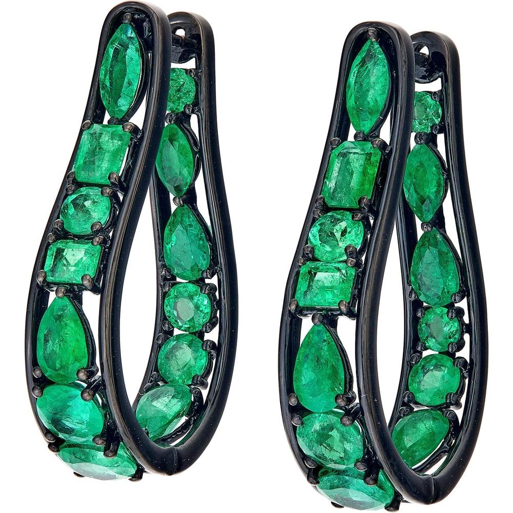 Ruchi New York - Poplar Hoop Emerald Earrings in 18K Black Rhodium White Gold
