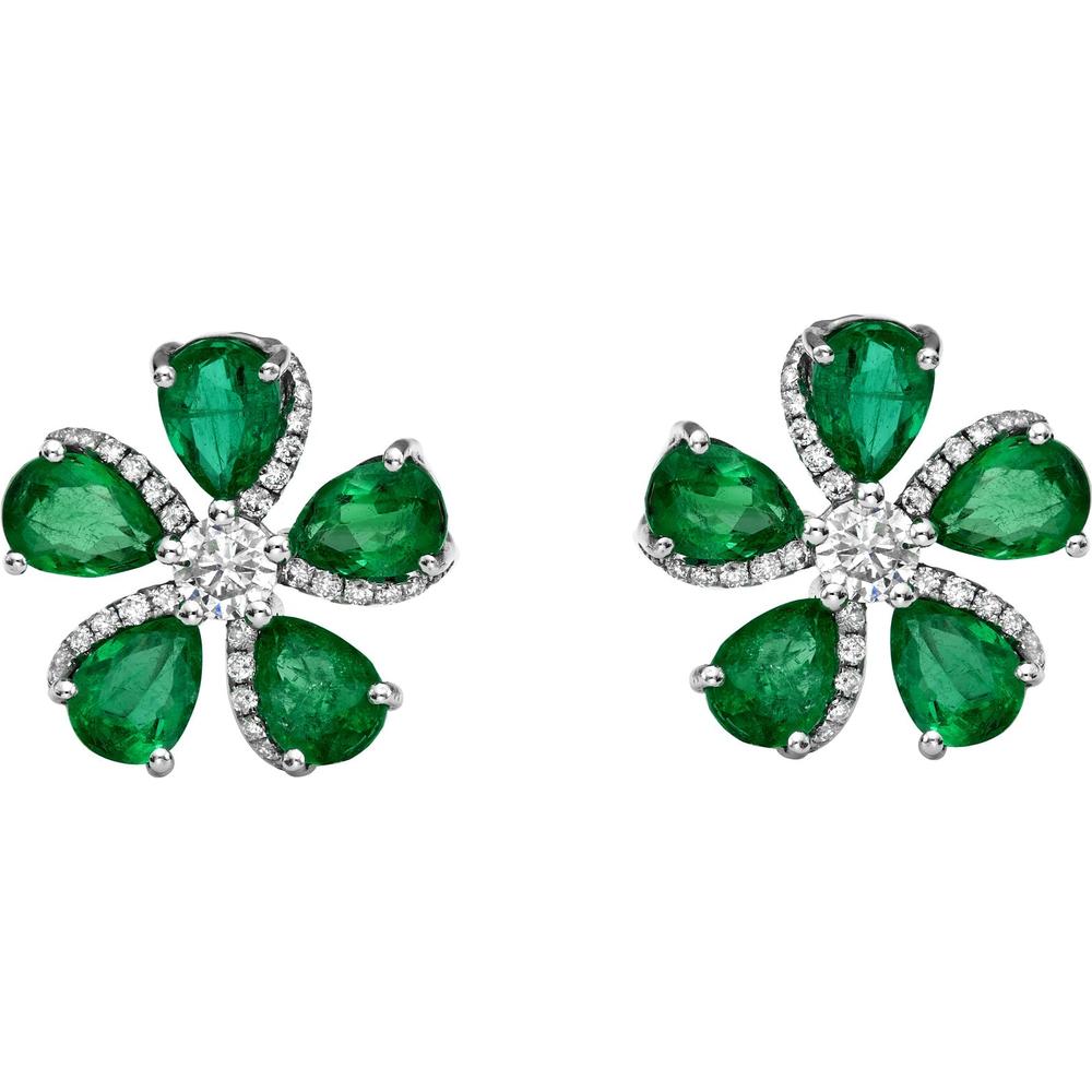 Ruchi New York - Primavera Emerald Flower Earrings in 18K White Gold