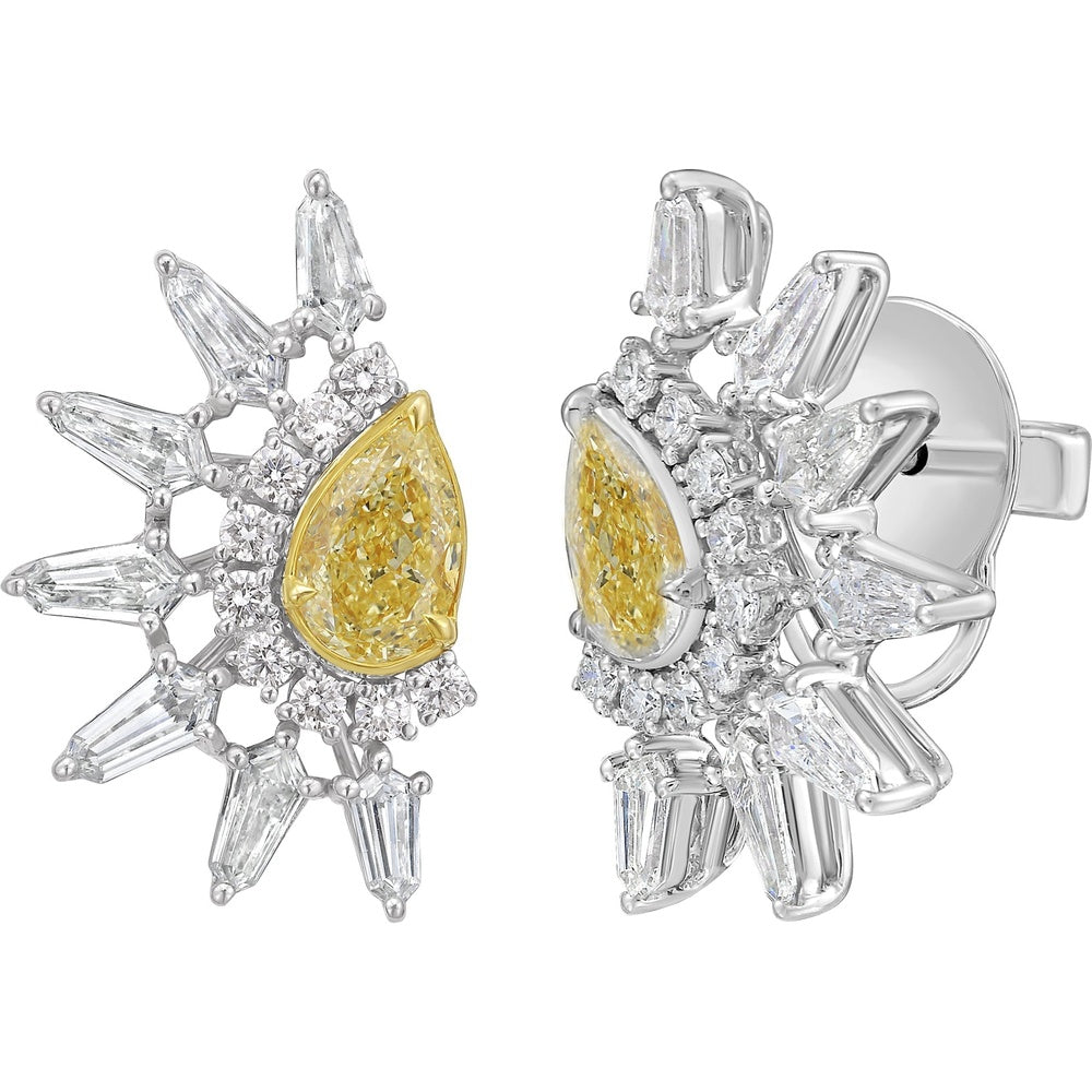 Ruchi New York - Reverie 3.09 Carat Fancy Yellow & White Diamond Starburst Stud Earrings in 18K White Gold - Ruchi New York