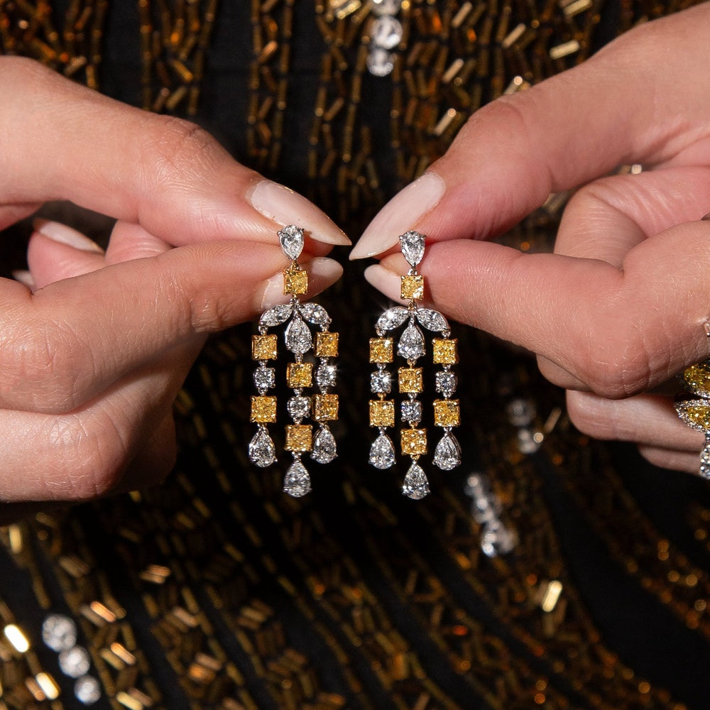 Ruchi New York - Soleil Fancy Yellow & White Diamond Chandelier Earrings in 18K White Gold - Ruchi New York