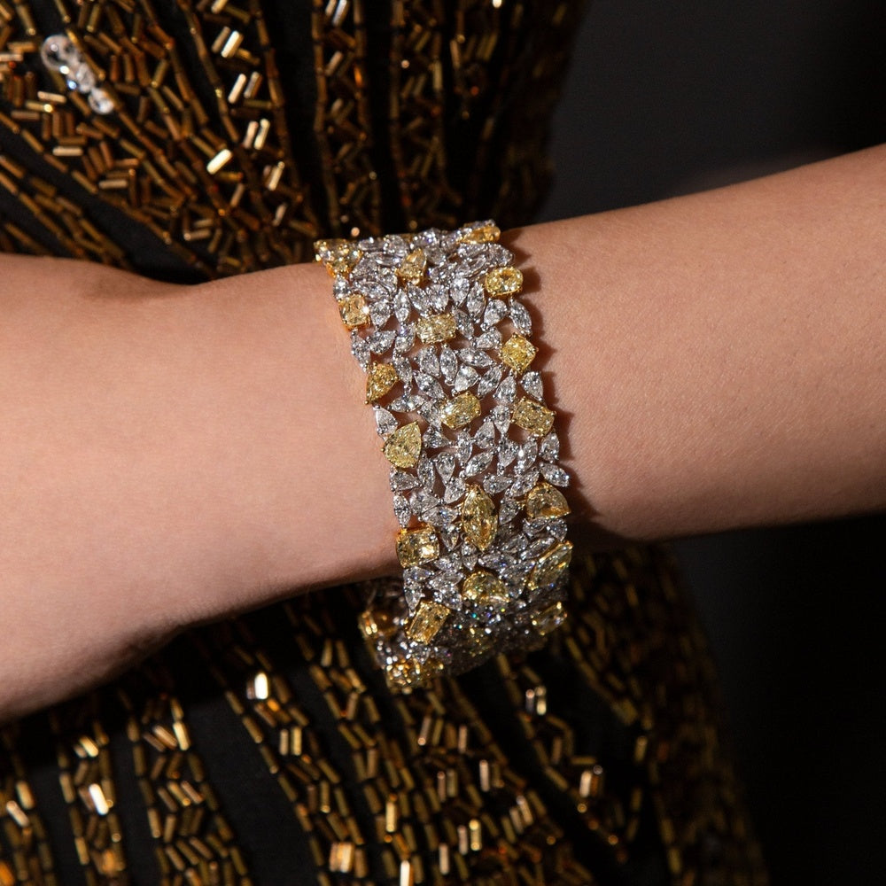 Ruchi New York - Soleil Fancy Yellow & White Diamond Statement Wide Bracelet in 18K White Gold - Ruchi New York