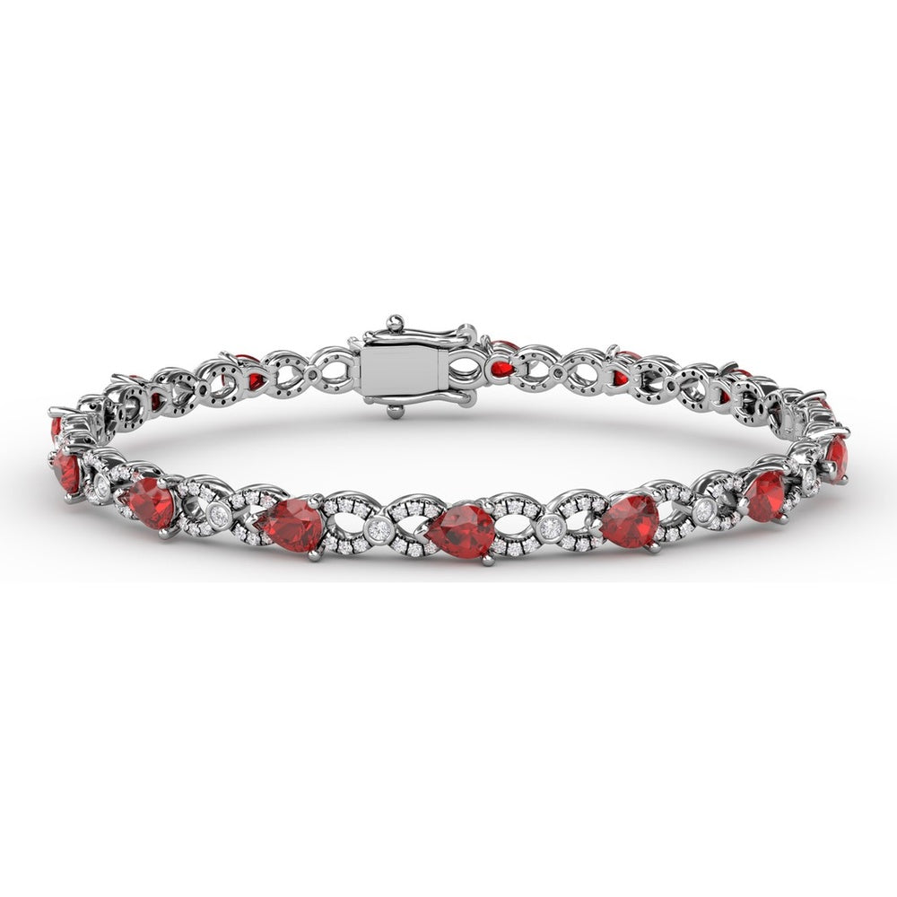 S-Curve Tennis Bracelet with Pear Shape Rubies and Halo Set Round Diamonds by Fana - 6.68 Carat Total Gemstone Weight