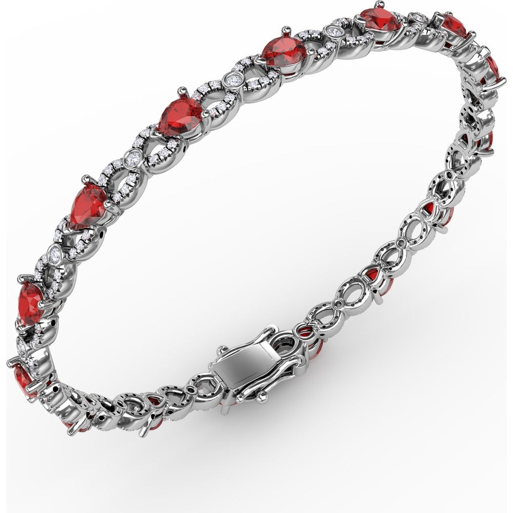 S-Curve Tennis Bracelet with Pear Shape Rubies and Halo Set Round Diamonds by Fana - 6.68 Carat Total Gemstone Weight