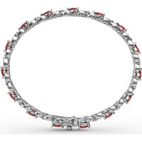 S-Curve Tennis Bracelet with Pear Shape Rubies and Halo Set Round Diamonds by Fana - 6.68 Carat Total Gemstone Weight