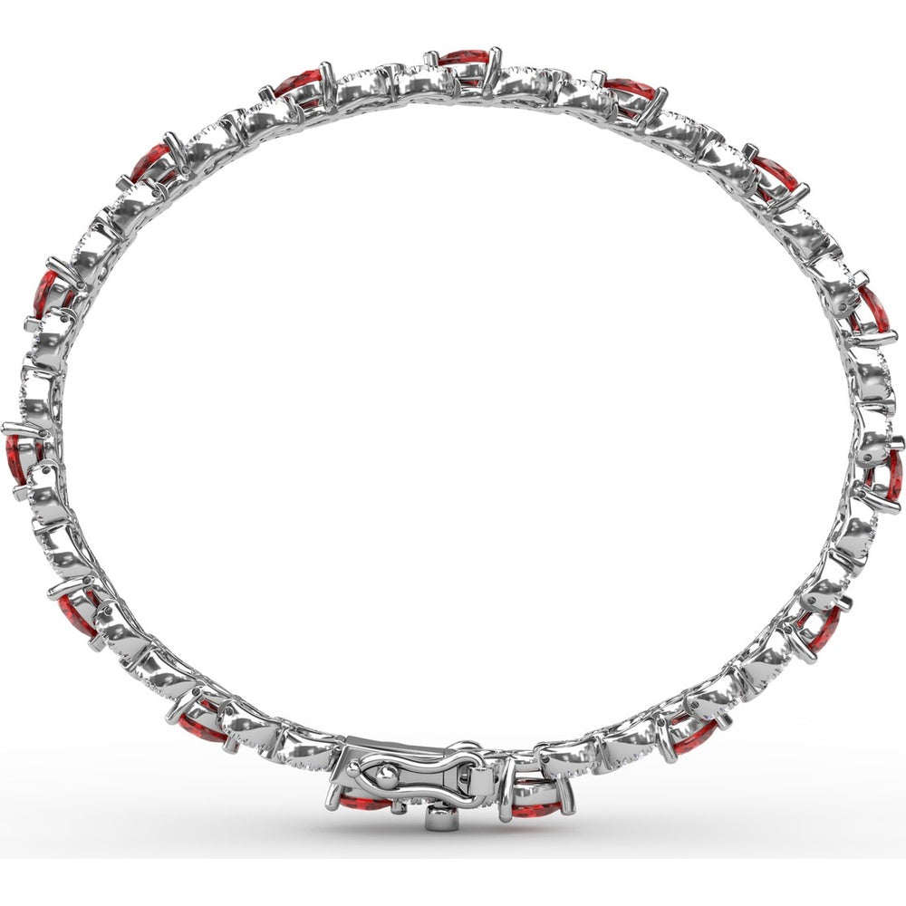 S-Curve Tennis Bracelet with Pear Shape Rubies and Halo Set Round Diamonds by Fana - 6.68 Carat Total Gemstone Weight