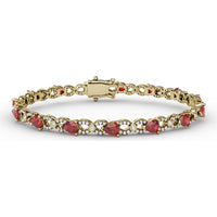 S-Curve Tennis Bracelet with Pear Shape Rubies and Halo Set Round Diamonds by Fana - 6.68 Carat Total Gemstone Weight