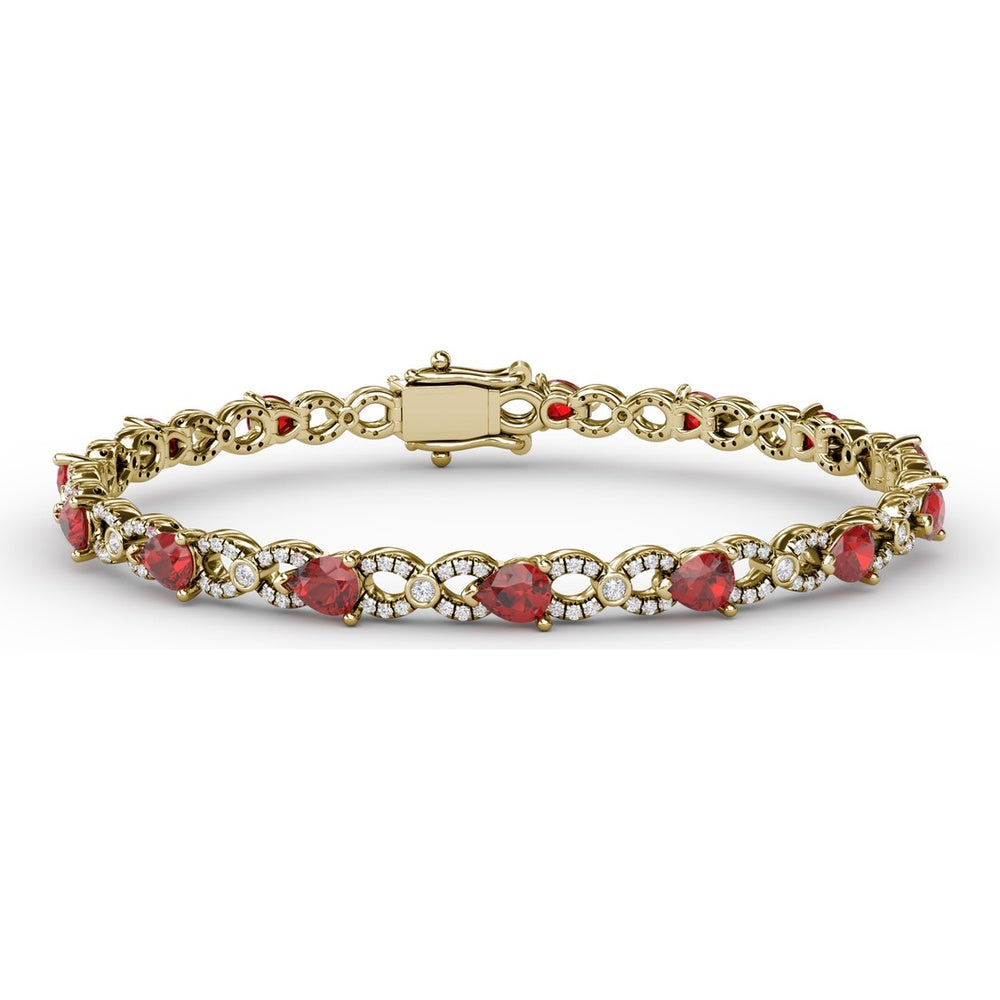 S-Curve Tennis Bracelet with Pear Shape Rubies and Halo Set Round Diamonds by Fana - 6.68 Carat Total Gemstone Weight