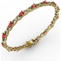 S-Curve Tennis Bracelet with Pear Shape Rubies and Halo Set Round Diamonds by Fana - 6.68 Carat Total Gemstone Weight
