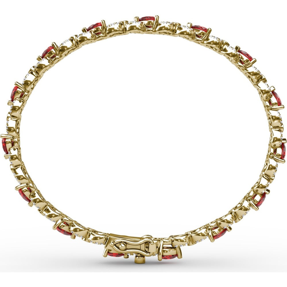 S-Curve Tennis Bracelet with Pear Shape Rubies and Halo Set Round Diamonds by Fana - 6.68 Carat Total Gemstone Weight