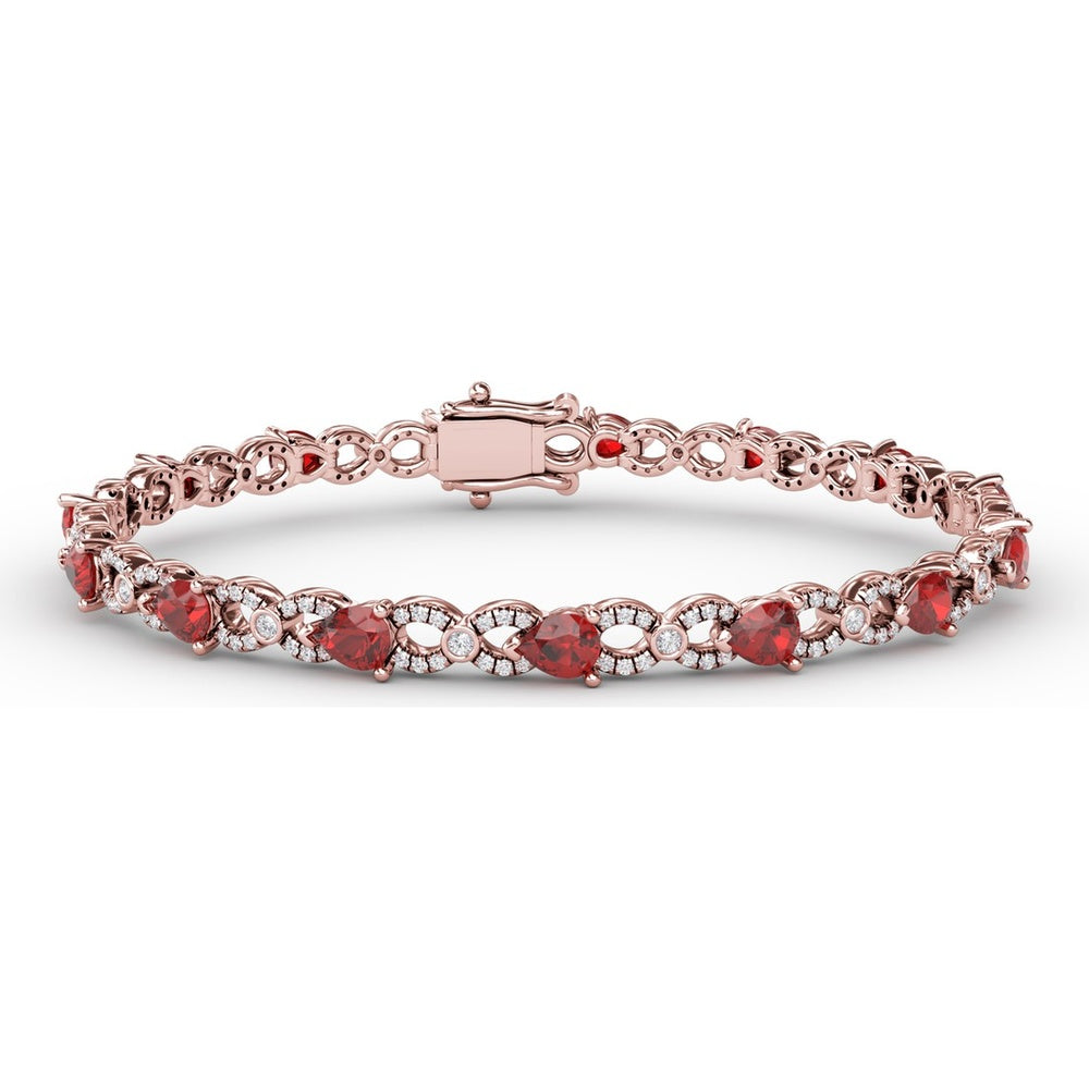 S-Curve Tennis Bracelet with Pear Shape Rubies and Halo Set Round Diamonds by Fana - 6.68 Carat Total Gemstone Weight