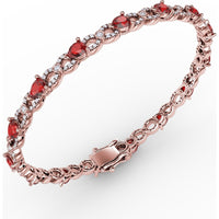 S-Curve Tennis Bracelet with Pear Shape Rubies and Halo Set Round Diamonds by Fana - 6.68 Carat Total Gemstone Weight