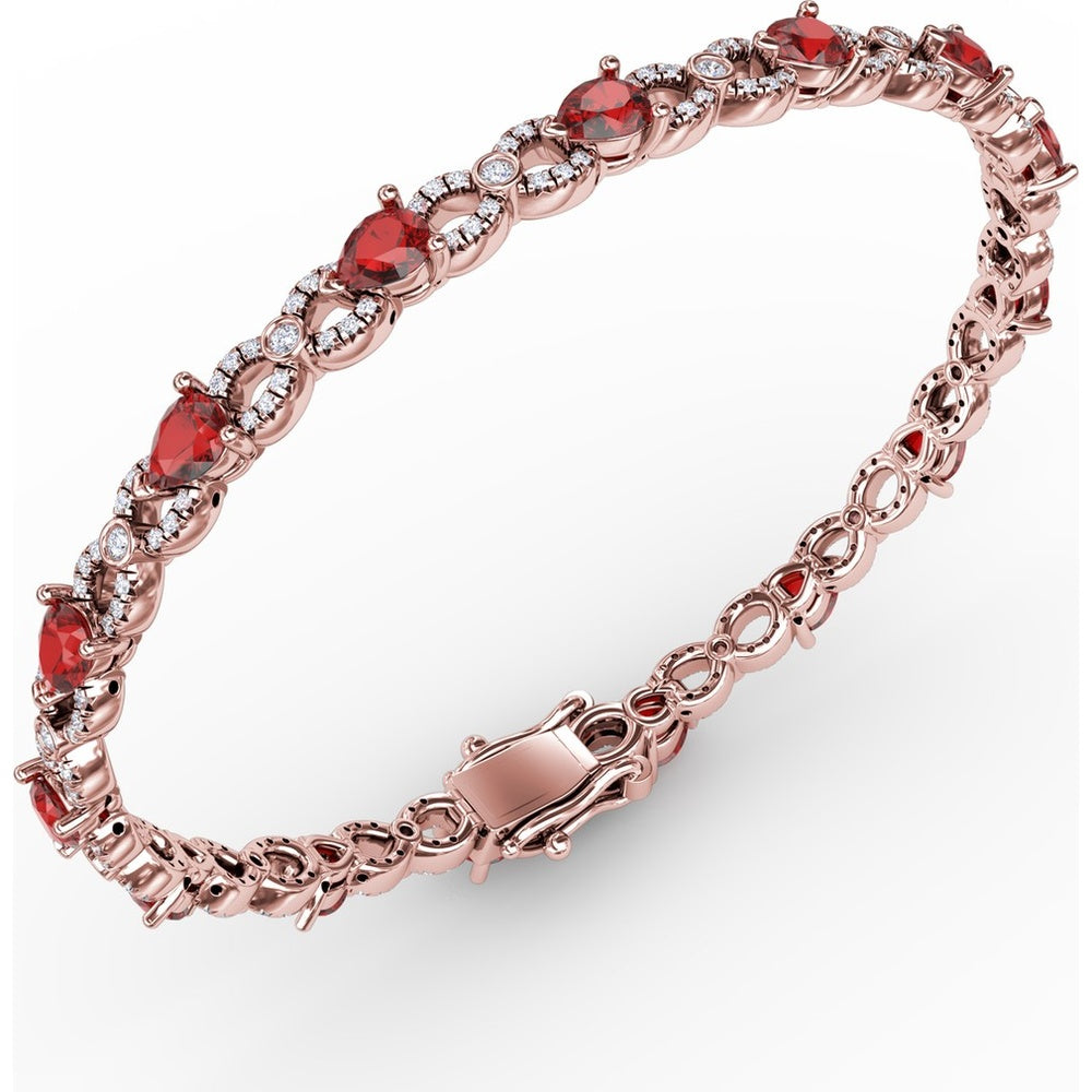 S-Curve Tennis Bracelet with Pear Shape Rubies and Halo Set Round Diamonds by Fana - 6.68 Carat Total Gemstone Weight