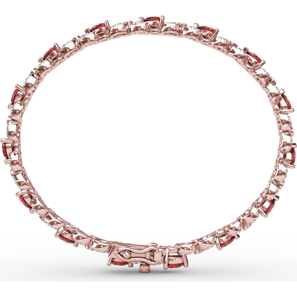 S-Curve Tennis Bracelet with Pear Shape Rubies and Halo Set Round Diamonds by Fana - 6.68 Carat Total Gemstone Weight