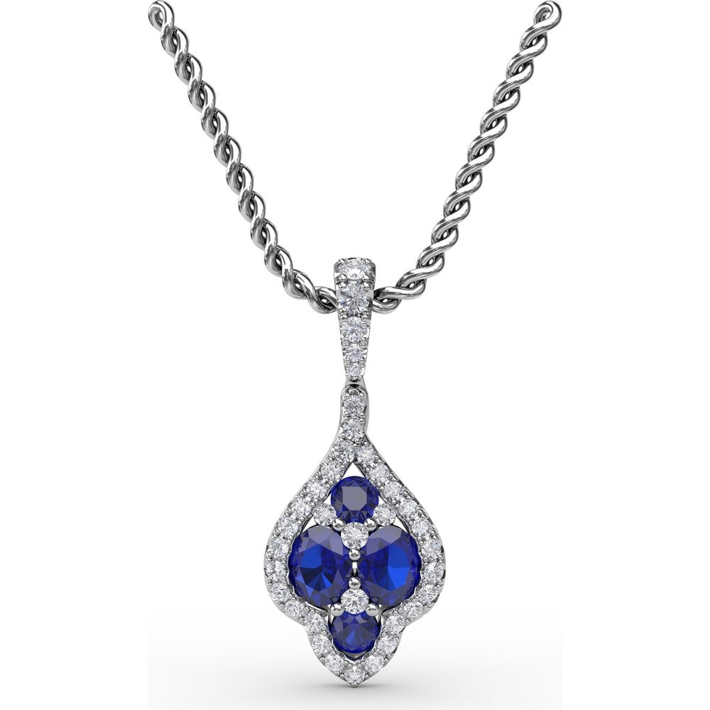 Sapphire and Diamond Cluster Pendant with Pavé Halo by Fana - 1.66 Carat Total Gemstone Weight