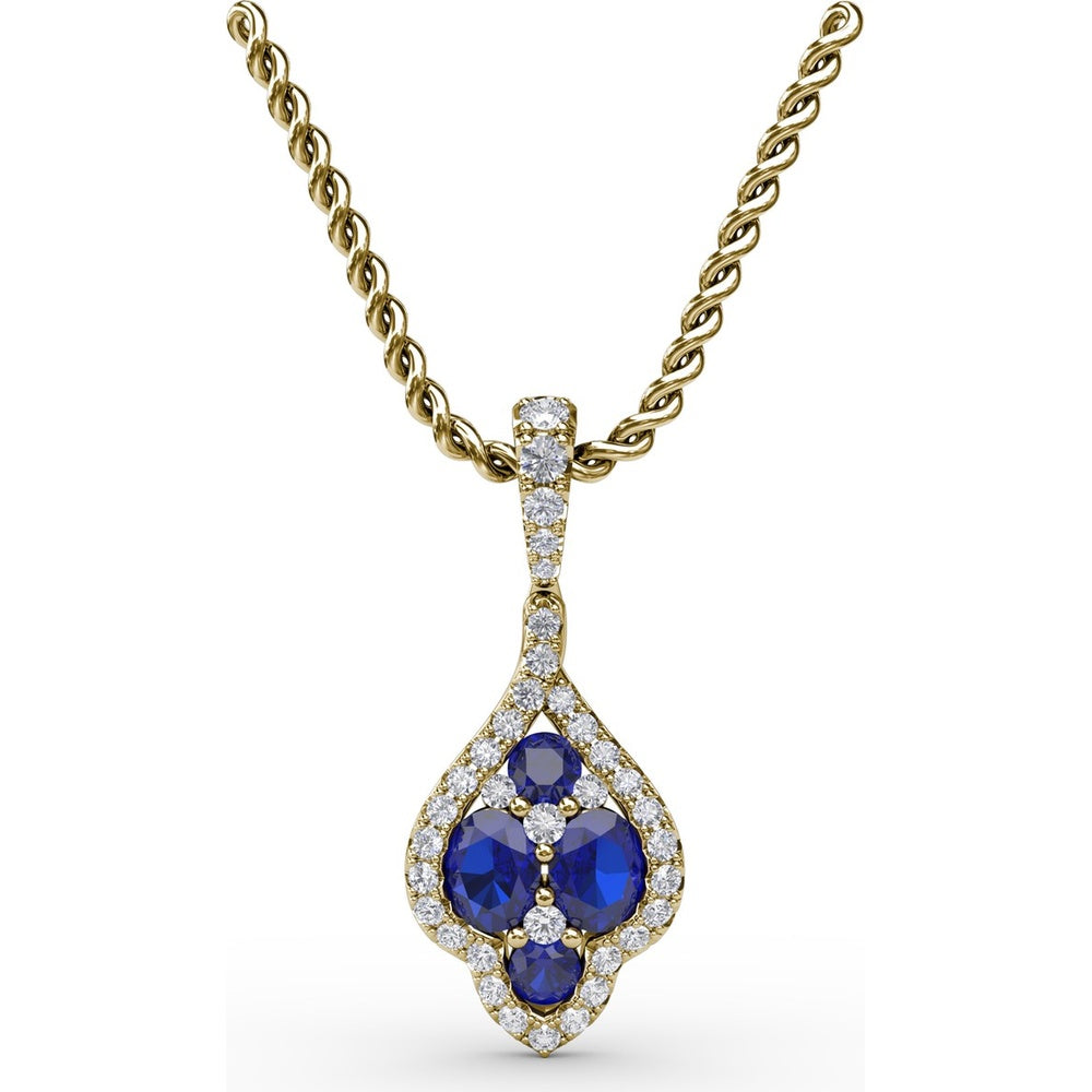 Sapphire and Diamond Cluster Pendant with Pavé Halo by Fana - 1.66 Carat Total Gemstone Weight