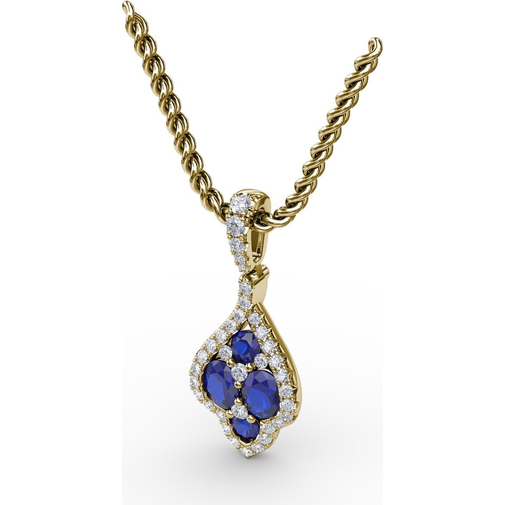 Sapphire and Diamond Cluster Pendant with Pavé Halo by Fana - 1.66 Carat Total Gemstone Weight