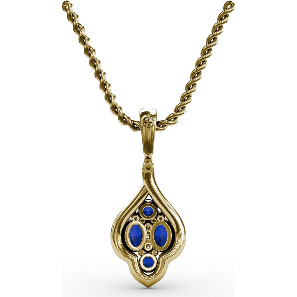 Sapphire and Diamond Cluster Pendant with Pavé Halo by Fana - 1.66 Carat Total Gemstone Weight