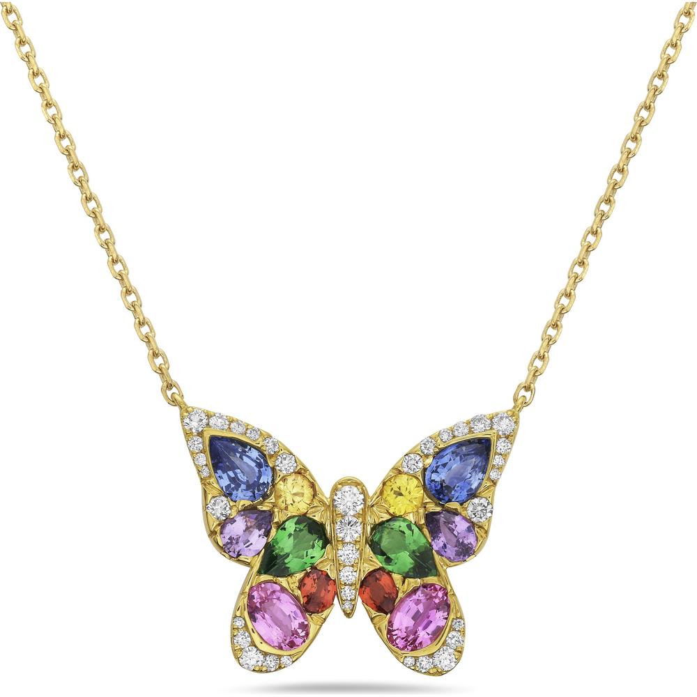 Sapphire and Diamond Mosaic Butterfly Necklace in 18K Yellow Gold by Charles Krypell
