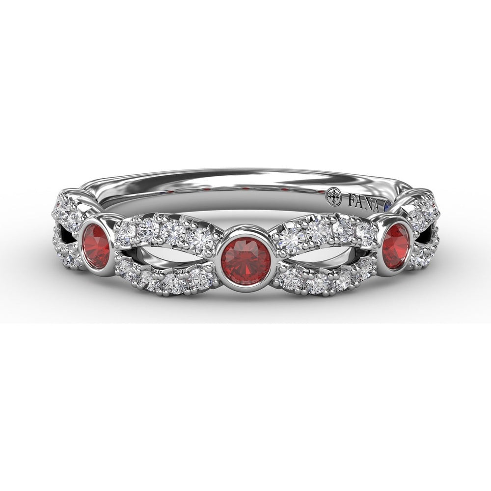 Scalloped Band with Bezel Set Round Rubies and Pavé Diamonds by Fana - 0.62 Carat Total Gemstone Weight
