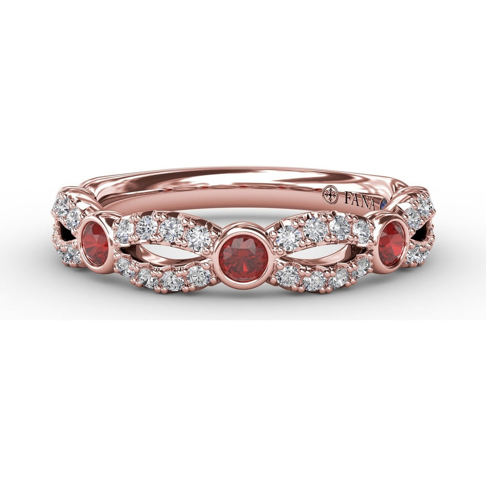 Scalloped Band with Bezel Set Round Rubies and Pavé Diamonds by Fana - 0.62 Carat Total Gemstone Weight
