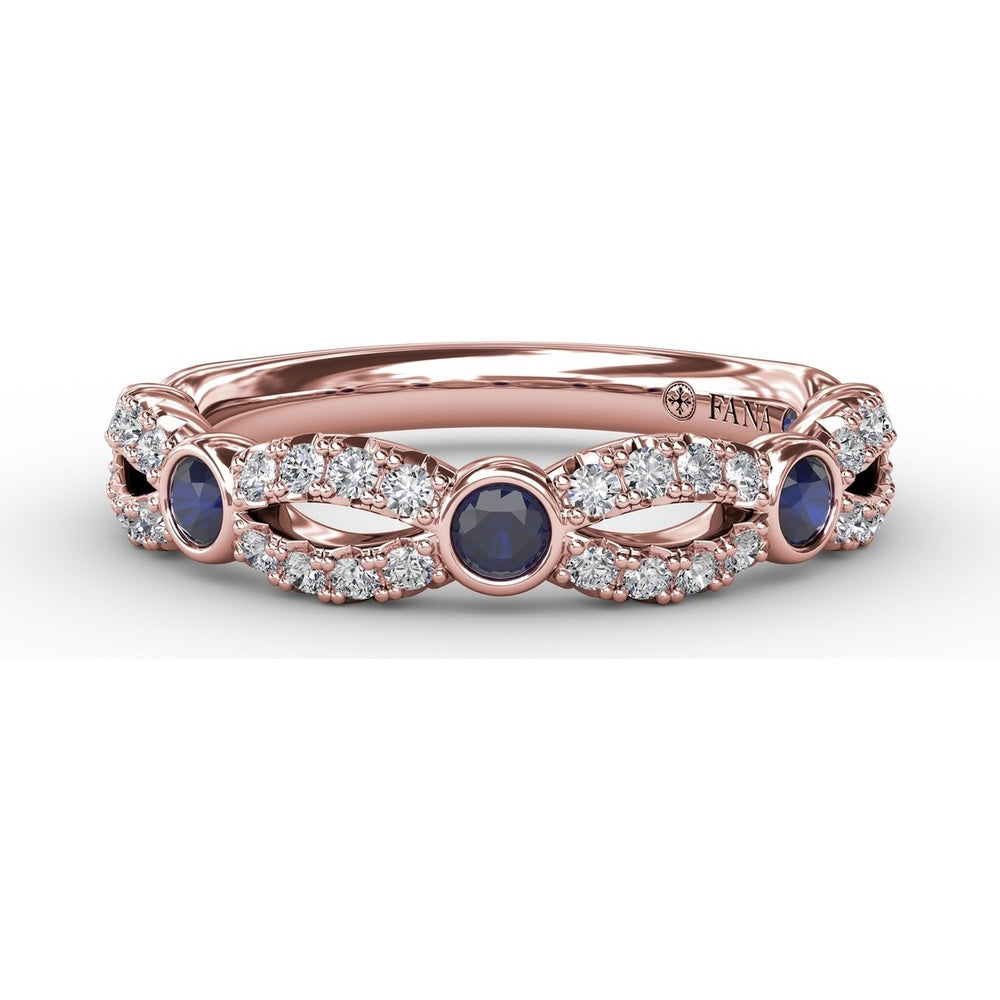 Scalloped Openwork Band with Bezel Set Round Sapphires and Pavé Diamonds by Fana - 0.62 Carat Total Gemstone Weight