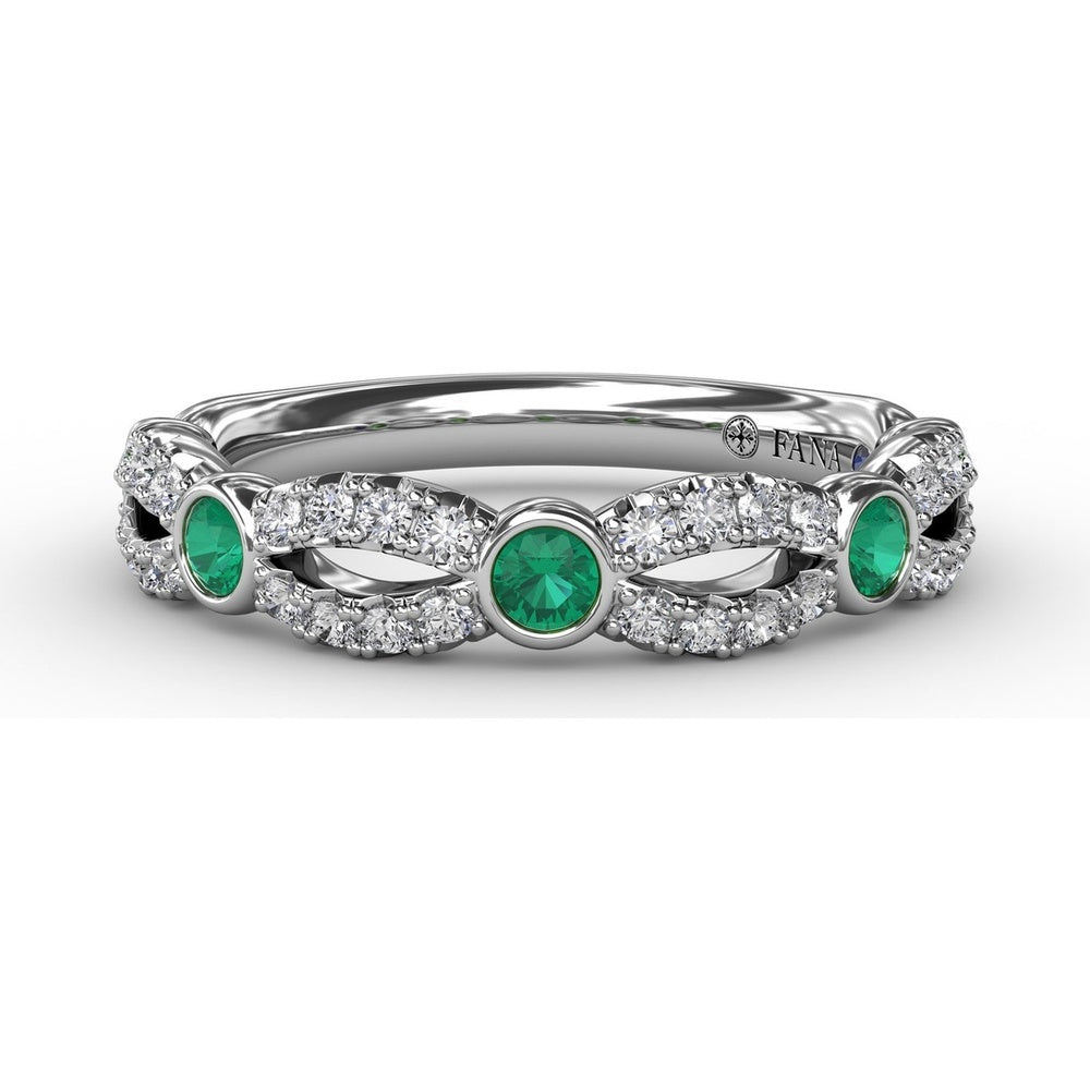 Scalloped Openwork Band with Round Emeralds and Pavé Diamonds by Fana - 0.58 Carat Total Gemstone Weight