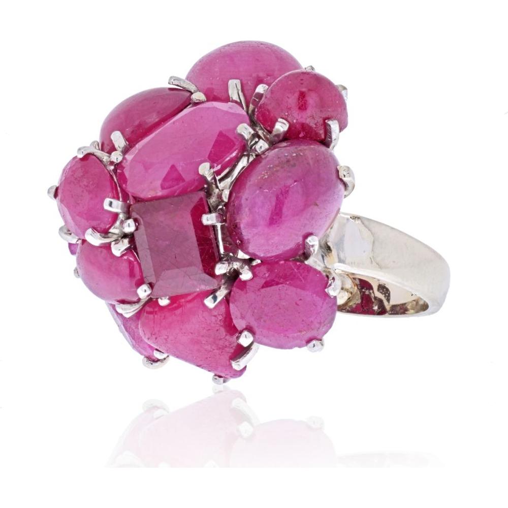 Seaman Schepps 14K White Gold Cluster Ring with Cabochon and Faceted Rubies and Pavé Diamond Leaf Design