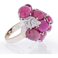 Seaman Schepps 14K White Gold Cluster Ring with Cabochon and Faceted Rubies and Pavé Diamond Leaf Design