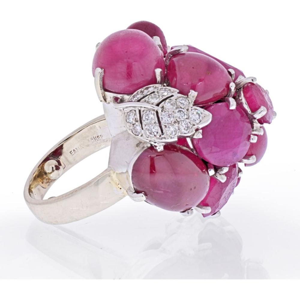 Seaman Schepps 14K White Gold Cluster Ring with Cabochon and Faceted Rubies and Pavé Diamond Leaf Design