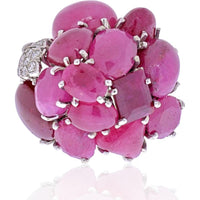 Seaman Schepps 14K White Gold Cluster Ring with Cabochon and Faceted Rubies and Pavé Diamond Leaf Design